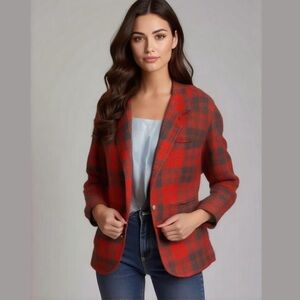 Vintage Reitmans Red Plaid Tartan Wool Blend Button Up Blazer Pockets Size L